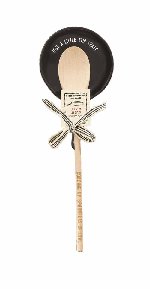 Giftable Wooden Spoon and Cast Iron Spoon Rest Set with Cute Sayings